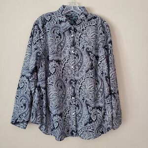 Lauren Ralph Lauren Non-Iron 2X Black White Paisley Shirt Blouse Cotton Comfort